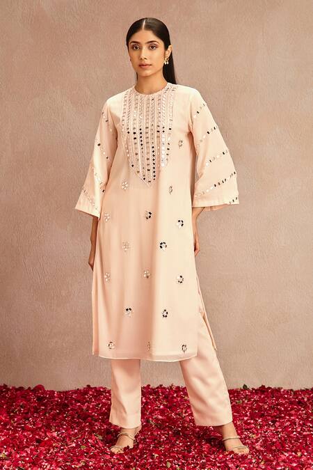 Samatvam By Anjali Bhaskar Pink Blended Chiffon Mirror Work Round Embroidered Kurta Set Online at Aza Fashions Samatvam By Anjali Bhaskar_Pink Blended Chiffon Mirror Work Round Embroidered Kurta Set _Online_at_Aza_Fashions