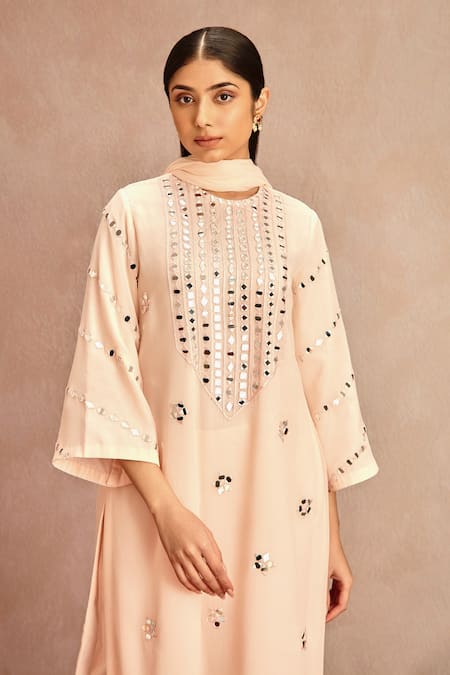 Shop Samatvam By Anjali Bhaskar Pink Blended Chiffon Mirror Work Round Embroidered Kurta Set Online at Aza Fashions Shop_Samatvam By Anjali Bhaskar_Pink Blended Chiffon Mirror Work Round Embroidered Kurta Set _Online_at_Aza_Fashions