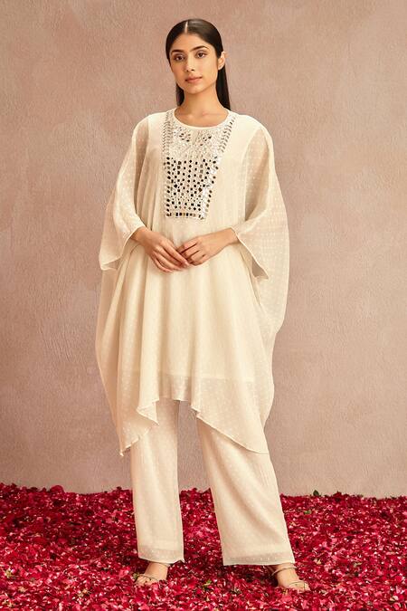 Buy Samatvam By Anjali Bhaskar White Pleated Chiffon Kaftan And Pant Set at Aza Fashions Buy_Samatvam By Anjali Bhaskar_White Pleated Chiffon Kaftan And Pant Set_at_Aza_Fashions