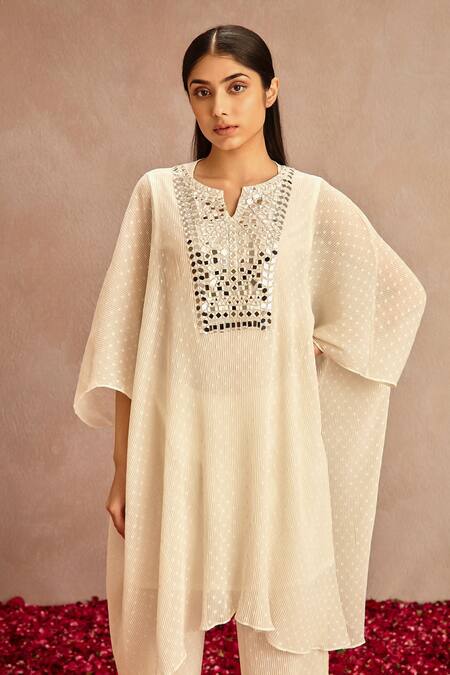 Shop Samatvam By Anjali Bhaskar White Pleated Chiffon Kaftan And Pant Set Online at Aza Fashions Shop_Samatvam By Anjali Bhaskar_White Pleated Chiffon Kaftan And Pant Set_Online_at_Aza_Fashions