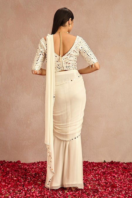 Shop Samatvam By Anjali Bhaskar White Blended Georgette Mirror Work Pre-draped Saree With Embroidered Blouse at Aza Fashions Shop_Samatvam By Anjali Bhaskar_White Blended Georgette Mirror Work Pre-draped Saree With Embroidered Blouse _at_Aza_Fashions