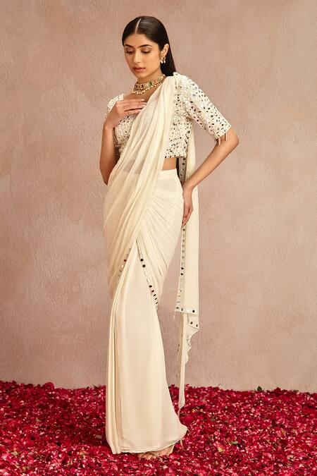 Samatvam By Anjali Bhaskar White Blended Georgette Mirror Work Pre-draped Saree With Embroidered Blouse Online at Aza Fashions Samatvam By Anjali Bhaskar_White Blended Georgette Mirror Work Pre-draped Saree With Embroidered Blouse _Online_at_Aza_Fashions