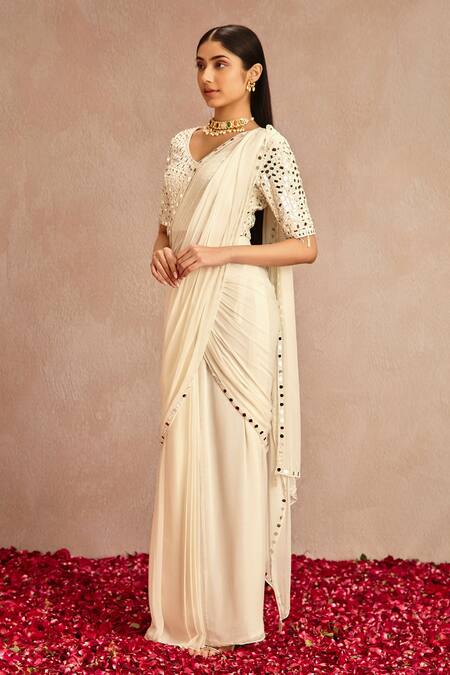Buy Samatvam By Anjali Bhaskar White Blended Georgette Mirror Work Pre-draped Saree With Embroidered Blouse Online at Aza Fashions Buy_Samatvam By Anjali Bhaskar_White Blended Georgette Mirror Work Pre-draped Saree With Embroidered Blouse _Online_at_Aza_Fashions