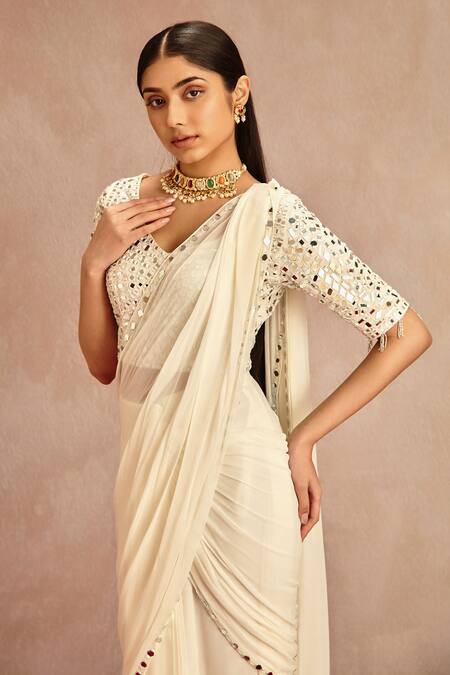 Shop Samatvam By Anjali Bhaskar White Blended Georgette Mirror Work Pre-draped Saree With Embroidered Blouse Online at Aza Fashions Shop_Samatvam By Anjali Bhaskar_White Blended Georgette Mirror Work Pre-draped Saree With Embroidered Blouse _Online_at_Aza_Fashions