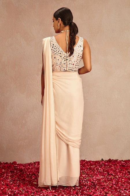 Shop Samatvam By Anjali Bhaskar Pink Blended Chiffon Mirror Work V Pre-draped Saree With Embroidered Blouse at Aza Fashions Shop_Samatvam By Anjali Bhaskar_Pink Blended Chiffon Mirror Work V Pre-draped Saree With Embroidered Blouse _at_Aza_Fashions