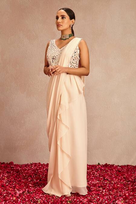 Samatvam By Anjali Bhaskar Pink Blended Chiffon Mirror Work V Pre-draped Saree With Embroidered Blouse Online at Aza Fashions Samatvam By Anjali Bhaskar_Pink Blended Chiffon Mirror Work V Pre-draped Saree With Embroidered Blouse _Online_at_Aza_Fashions