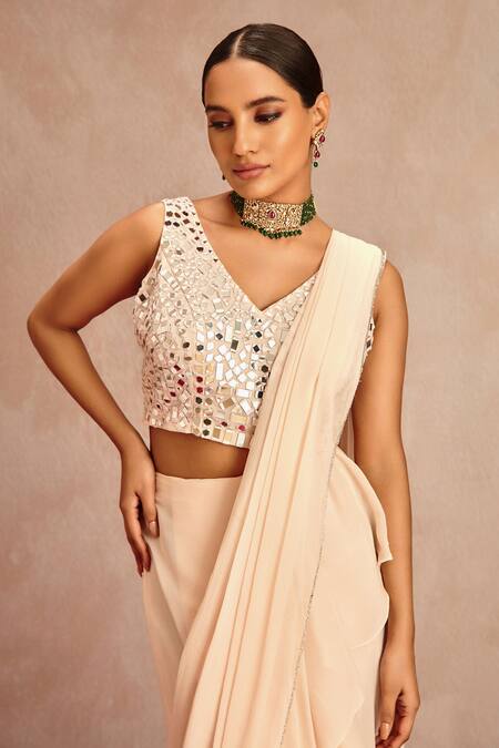 Buy Samatvam By Anjali Bhaskar Pink Blended Chiffon Mirror Work V Pre-draped Saree With Embroidered Blouse Online at Aza Fashions Buy_Samatvam By Anjali Bhaskar_Pink Blended Chiffon Mirror Work V Pre-draped Saree With Embroidered Blouse _Online_at_Aza_Fashions