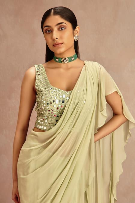 Shop_Samatvam By Anjali Bhaskar_Green Blended Georgette Mirror Work Pre-draped Saree With Embroidered Blouse_Online_at_Aza_Fashions
