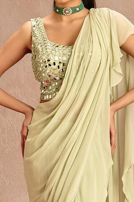 Samatvam By Anjali Bhaskar_Green Blended Georgette Mirror Work Pre-draped Saree With Embroidered Blouse_at_Aza_Fashions
