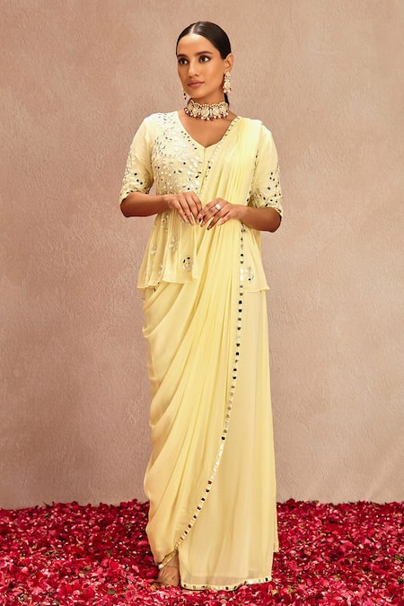Samatvam by Anjali Bhaskar Yellow Blended Georgette Embroidered Mirror Work V Pre-draped Saree With Peplum