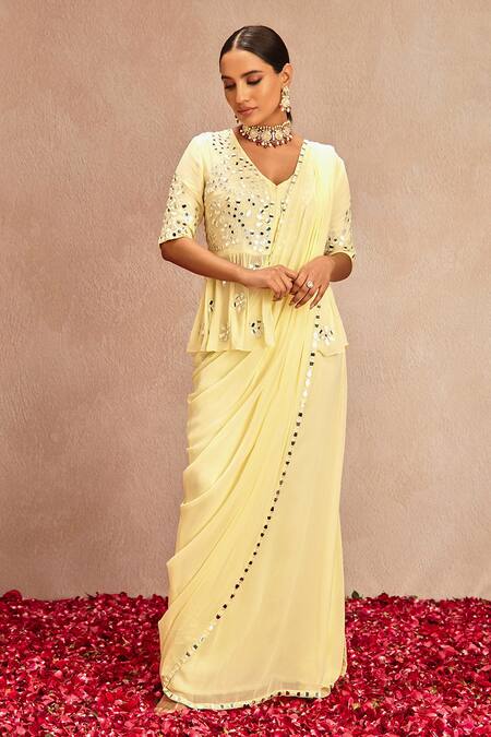 Samatvam By Anjali Bhaskar Yellow Blended Georgette Mirror Work V Pre-draped Saree With Embroidered Peplum Online at Aza Fashions Samatvam By Anjali Bhaskar_Yellow Blended Georgette Mirror Work V Pre-draped Saree With Embroidered Peplum _Online_at_Aza_Fashions