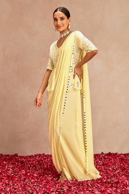 Buy Samatvam By Anjali Bhaskar Yellow Blended Georgette Mirror Work V Pre-draped Saree With Embroidered Peplum Online at Aza Fashions Buy_Samatvam By Anjali Bhaskar_Yellow Blended Georgette Mirror Work V Pre-draped Saree With Embroidered Peplum _Online_at_Aza_Fashions