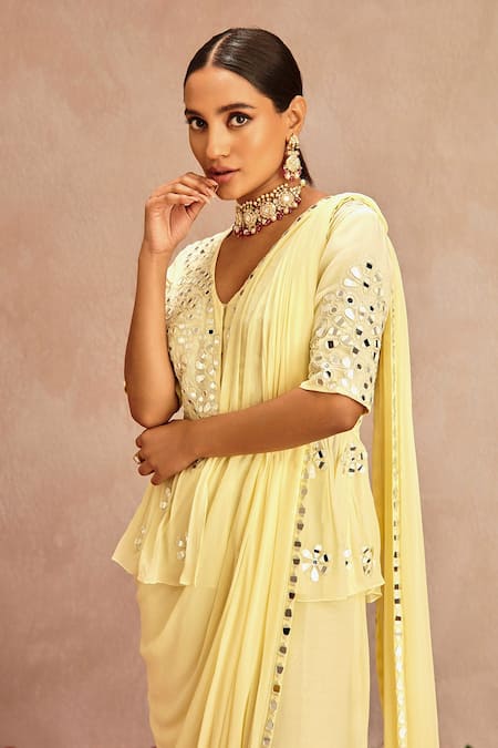Shop Samatvam By Anjali Bhaskar Yellow Blended Georgette Mirror Work V Pre-draped Saree With Embroidered Peplum Online at Aza Fashions Shop_Samatvam By Anjali Bhaskar_Yellow Blended Georgette Mirror Work V Pre-draped Saree With Embroidered Peplum _Online_at_Aza_Fashions
