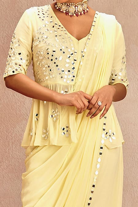 Samatvam By Anjali Bhaskar Yellow Blended Georgette Mirror Work V Pre-draped Saree With Embroidered Peplum at Aza Fashions Samatvam By Anjali Bhaskar_Yellow Blended Georgette Mirror Work V Pre-draped Saree With Embroidered Peplum _at_Aza_Fashions