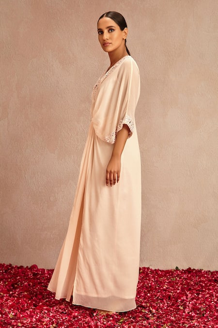 Buy_Samatvam By Anjali Bhaskar_Pink Blended Chiffon Mirror Work V Neck Embroidered Kaftan_Online_at_Aza_Fashions