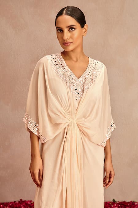 Shop_Samatvam By Anjali Bhaskar_Pink Blended Chiffon Mirror Work V Neck Embroidered Kaftan_Online_at_Aza_Fashions