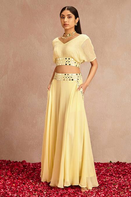 Samatvam By Anjali Bhaskar_Yellow Blended Georgette Mirror Work V Neck Embroidered Lehenga And Blouse Set_Online_at_Aza_Fashions