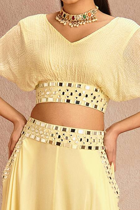 Shop_Samatvam By Anjali Bhaskar_Yellow Blended Georgette Mirror Work V Neck Embroidered Lehenga And Blouse Set_Online_at_Aza_Fashions