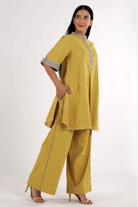 Madder Much Yellow Cotton Plain Mandarin Collar Sabah Kurta And Pant Set Online at Aza Fashions Madder Much_Yellow Cotton Plain Mandarin Collar Sabah Kurta And Pant Set _Online_at_Aza_Fashions