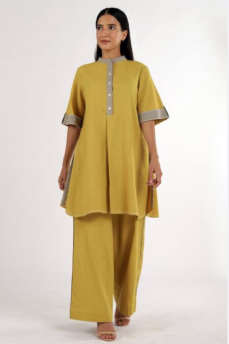 Buy Madder Much Yellow Cotton Plain Mandarin Collar Sabah Kurta And Pant Set Online at Aza Fashions Buy_Madder Much_Yellow Cotton Plain Mandarin Collar Sabah Kurta And Pant Set _Online_at_Aza_Fashions