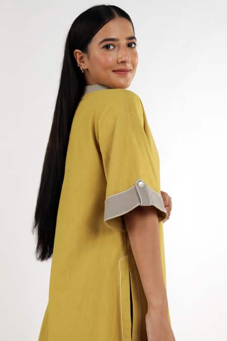 Shop Madder Much Yellow Cotton Plain Mandarin Collar Sabah Kurta And Pant Set Online at Aza Fashions Shop_Madder Much_Yellow Cotton Plain Mandarin Collar Sabah Kurta And Pant Set _Online_at_Aza_Fashions