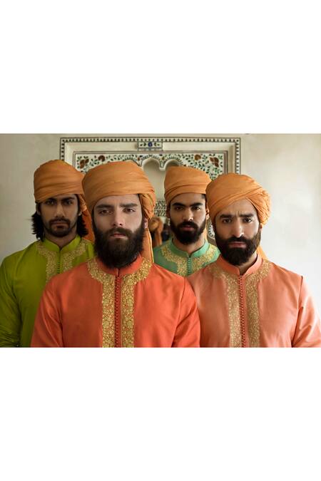 Sabyasachi Orange Silk Embroidered Kurta Set 