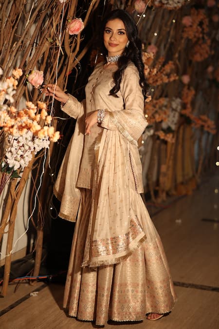 Buy_Safaa_Ivory Vegan Silk Floral Motifs Round Alishq Woven Kurta Gharara Set _Online_at_Aza_Fashions