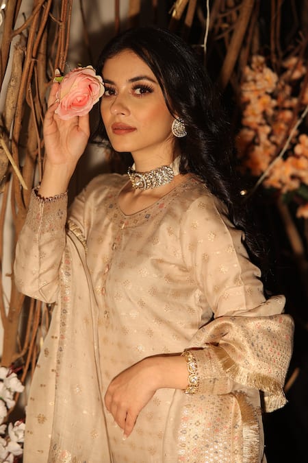 Shop_Safaa_Ivory Vegan Silk Floral Motifs Round Alishq Woven Kurta Gharara Set _Online_at_Aza_Fashions