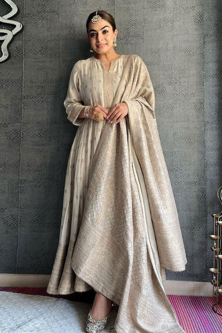 Safaa Ivory Vegan Silk Paisley Motifs Round Notched Eaj Pattern Woven Anarkali Set 