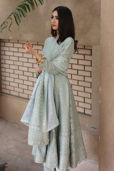 Safaa_Green Vegan Silk Mandala Motifs, Paisley, Star Round Firdaus Woven Anarkali Set _Online_at_Aza_Fashions