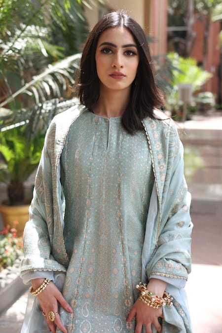 Buy_Safaa_Green Vegan Silk Mandala Motifs, Paisley, Star Round Firdaus Woven Anarkali Set _Online_at_Aza_Fashions