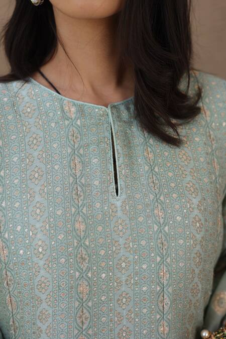 Shop_Safaa_Green Vegan Silk Mandala Motifs, Paisley, Star Round Firdaus Woven Anarkali Set _Online_at_Aza_Fashions