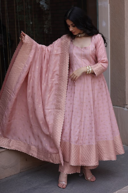 Buy_Safaa_Pink Vegan Silk Criss Cross, Scallops Leaf Neck Meira Woven Anarkali Palazzo Set _Online_at_Aza_Fashions