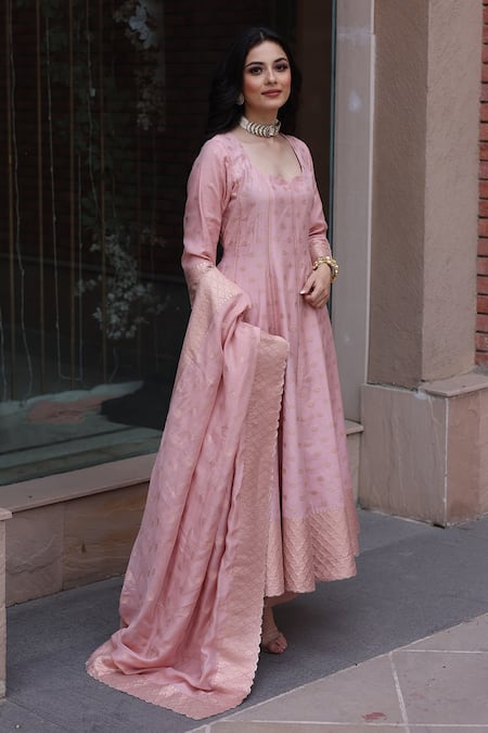 Shop_Safaa_Pink Vegan Silk Criss Cross, Scallops Leaf Neck Meira Woven Anarkali Palazzo Set _Online_at_Aza_Fashions