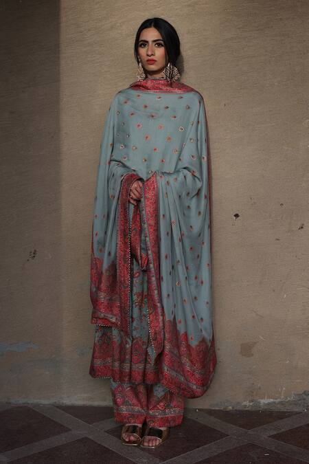 Shop_Safaa_Green Vegan Silk Paisley Motifs Scoop Neck Murhriq Lawn Woven Anarkali Set _Online_at_Aza_Fashions