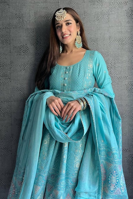 Safaa_Blue Vegan Silk Paisley Motifs Scoop Neck Nagma Woven Anarkali Set _Online_at_Aza_Fashions