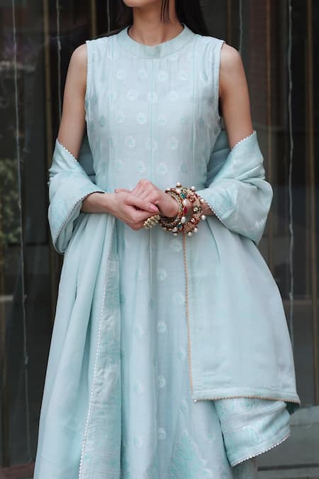 Shop_Safaa_Green Vegan Silk Floral, Paisley Motifs Round Zayna Woven Anarkali Set _at_Aza_Fashions