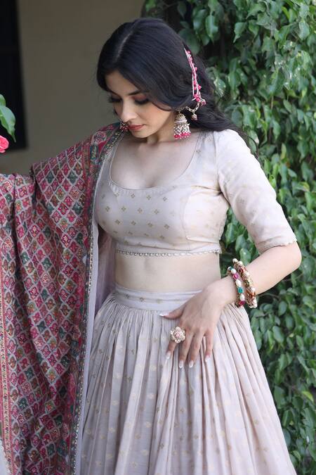 Shop_Safaa_Ivory Vegan Silk Geometric Motifs, Ikkat Pattern Scoop Haniya Woven Lehenga Set _Online_at_Aza_Fashions
