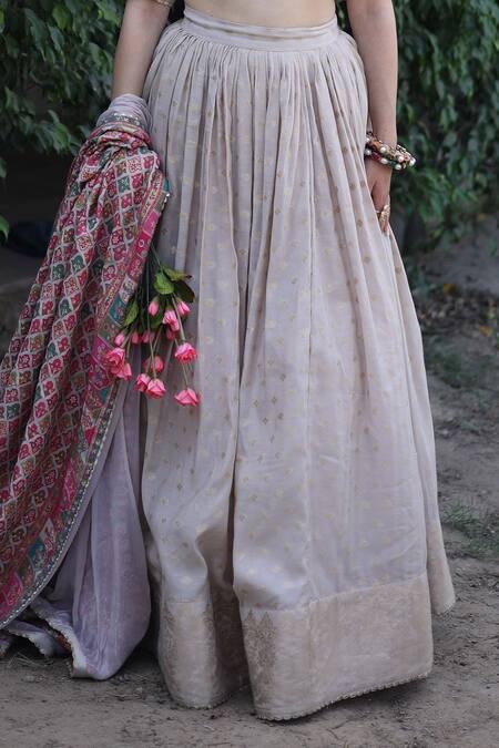 Safaa_Ivory Vegan Silk Geometric Motifs, Ikkat Pattern Scoop Haniya Woven Lehenga Set _at_Aza_Fashions