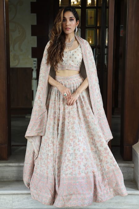 Shop Safaa Ivory Vegan Silk Kantha Work Scoop Neck Mahazbeen Floral Woven Lehenga Set Online at Aza Fashions Shop_Safaa_Ivory Vegan Silk Kantha Work Scoop Neck Mahazbeen Floral Woven Lehenga Set _Online_at_Aza_Fashions