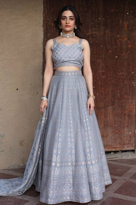 Shop_Safaa_Grey Vegan Silk Chikankari Sweetheart Neck Rumadi Azmat Lehenga Set _Online_at_Aza_Fashions