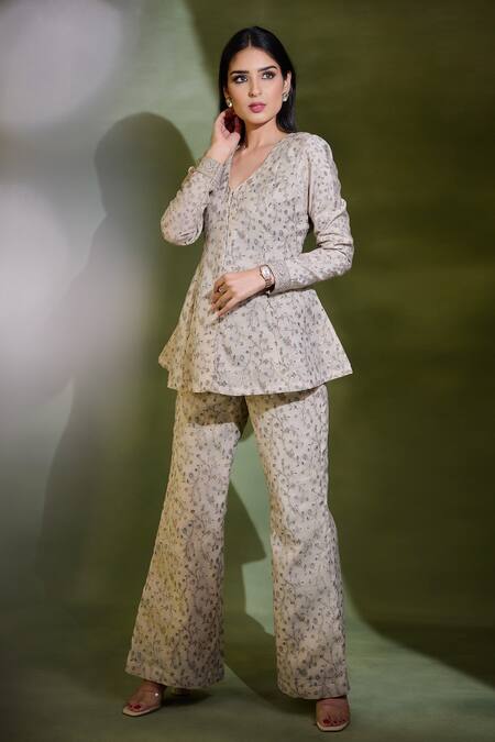 Shop_Safaa_White Moonga Silk Floral Motifs U Neck Maahru Jacket Tunic And Pant Set_Online_at_Aza_Fashions