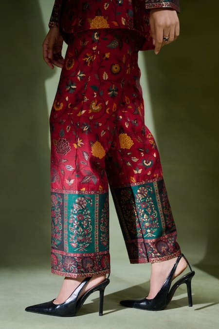 Safaa_Red Moonga Silk Woven Floral Motifs Lapel Collar Mihrab Blazer And Pant Set _at_Aza_Fashions