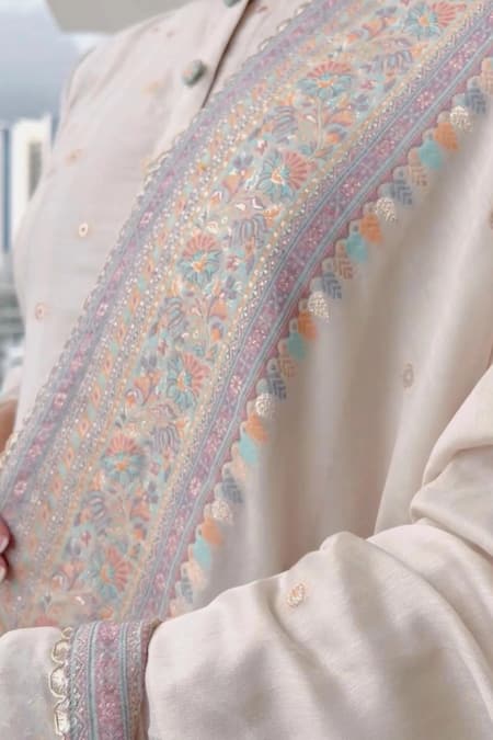 Safaa_Ivory Vegan Silk Sitara Work And Aari Round Abyad Anarkali Set _Online_at_Aza_Fashions