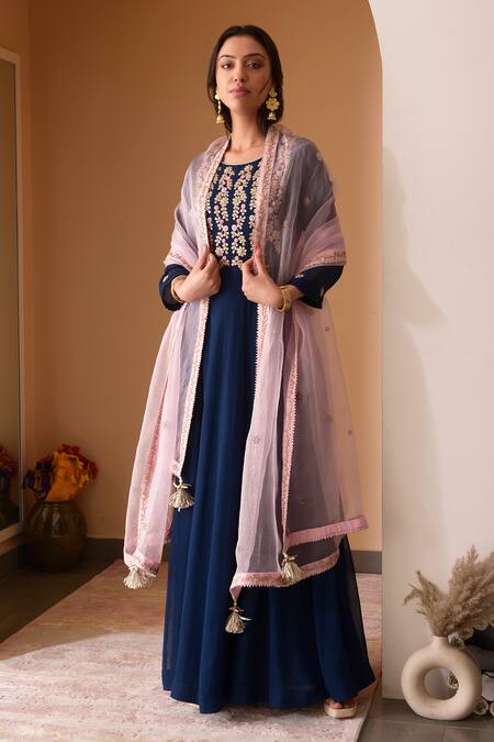 Shop_Surabhi Arya_Blue Organza, Georgette Gota Patti, Floral Embroidered Anarkali With Dupatta _Online_at_Aza_Fashions