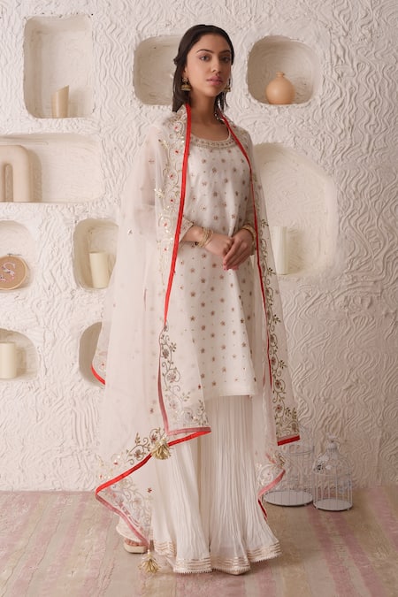 Surabhi Arya_White Organza, Georgette Gota Patti, Thread Work Embroidered Kurta Gharara Set _Online_at_Aza_Fashions