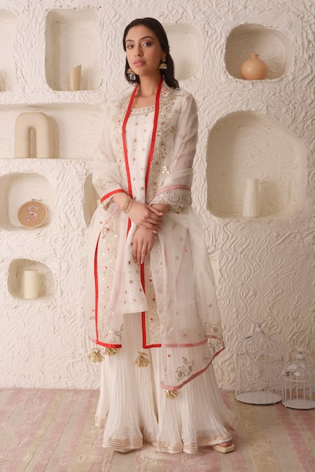 Buy_Surabhi Arya_White Organza, Georgette Gota Patti, Thread Work Embroidered Kurta Gharara Set _Online_at_Aza_Fashions