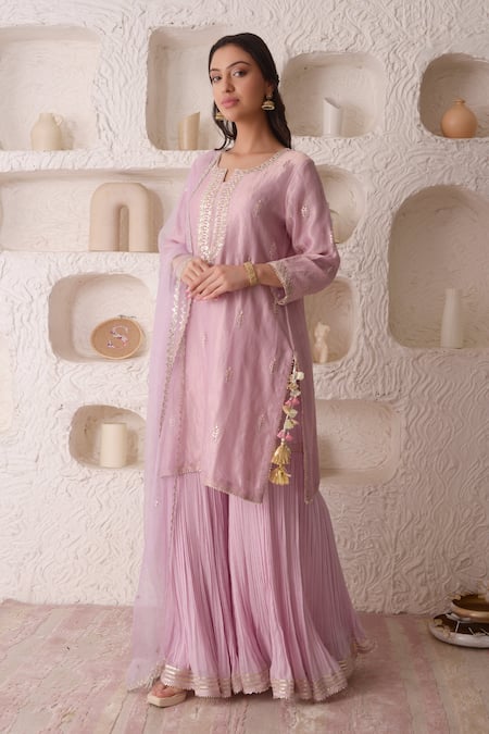 Buy_Surabhi Arya_Purple Organza, Georgette Gota Patti, Thread Work Embroidered Kurta Gharara Set _Online_at_Aza_Fashions