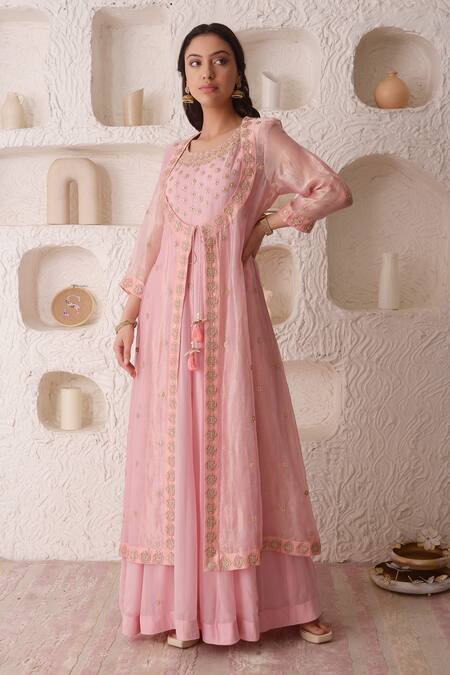Surabhi Arya_Pink Tissue, Georgette Gota Patti, Floral Embroidered Anarkali And Jacket Set_Online_at_Aza_Fashions