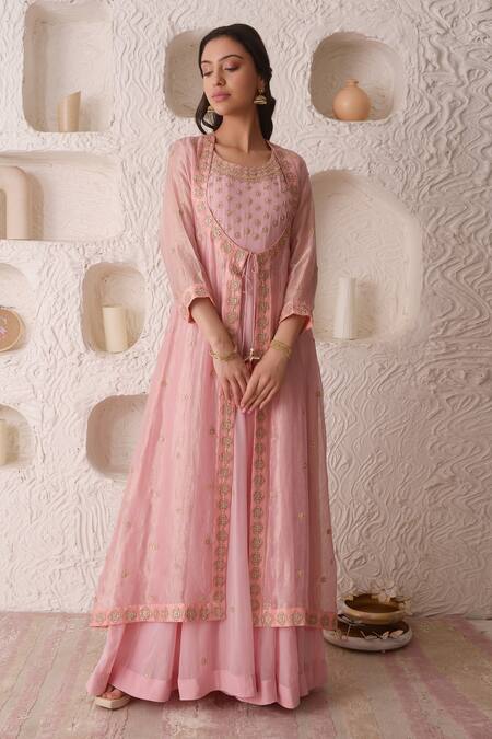 Buy_Surabhi Arya_Pink Tissue, Georgette Gota Patti, Floral Embroidered Anarkali And Jacket Set_Online_at_Aza_Fashions